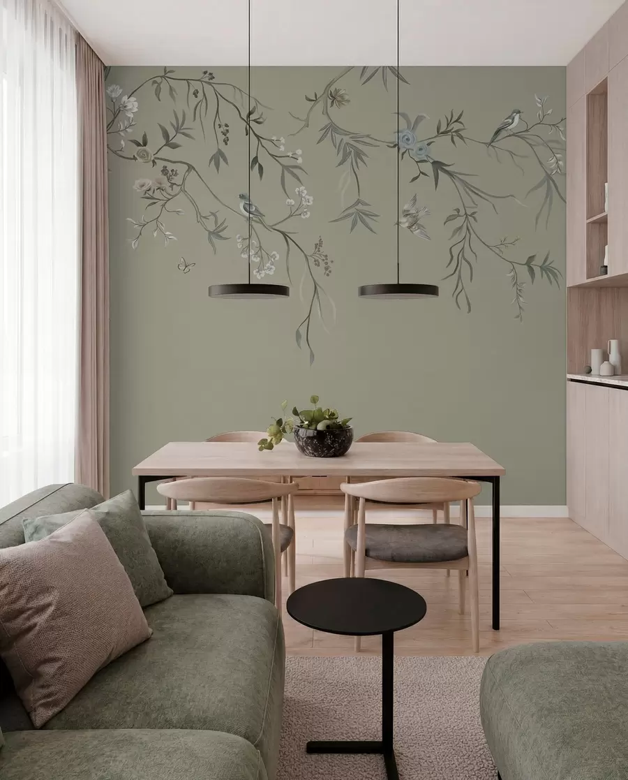fototapet Model floral cu păsări pe fundal rece w05127v6