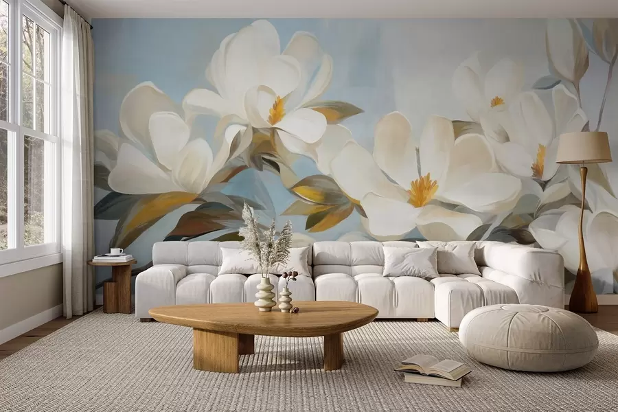 fototapet Magnolii albe cu frunze verzi pe un fundal albastru deschis cu imitație de pensule abstracte w09478