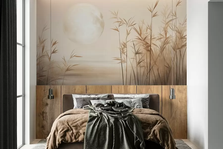 fototapet Peisaj texturat cu stuf înalt, lac și lună palidă pe un cer încețoșat w09631