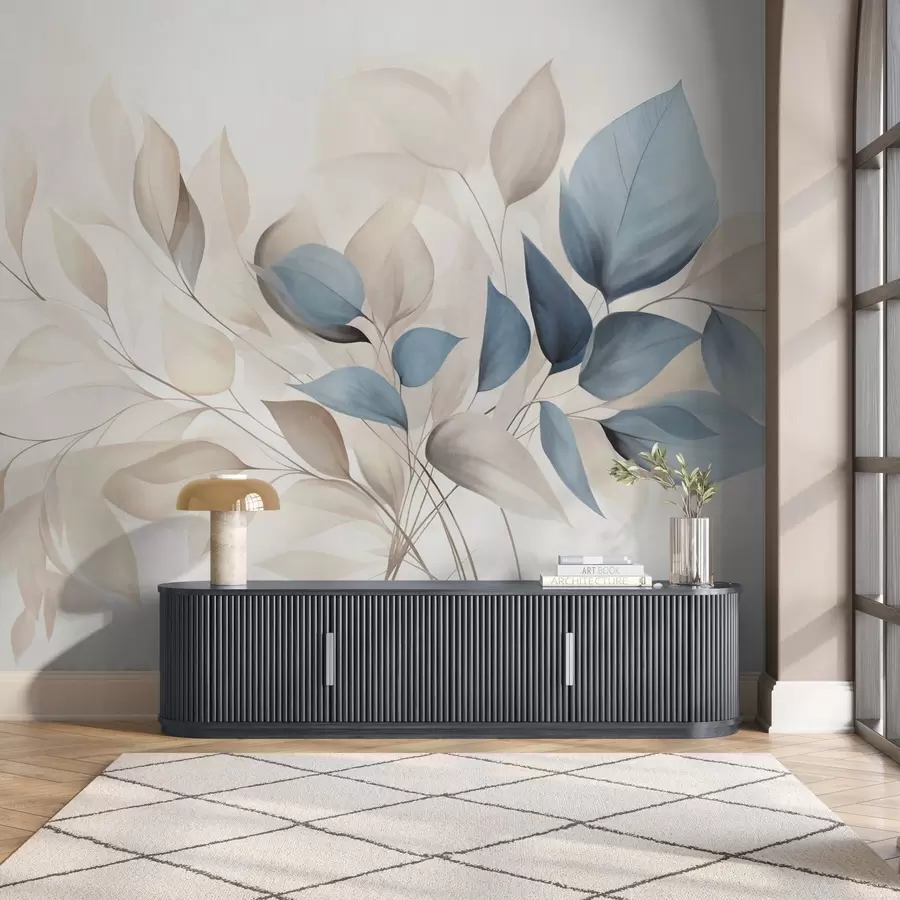 fototapet Frunze abstracte translucide în nuanțe de albastru, bej și crem, artă texturată w09744