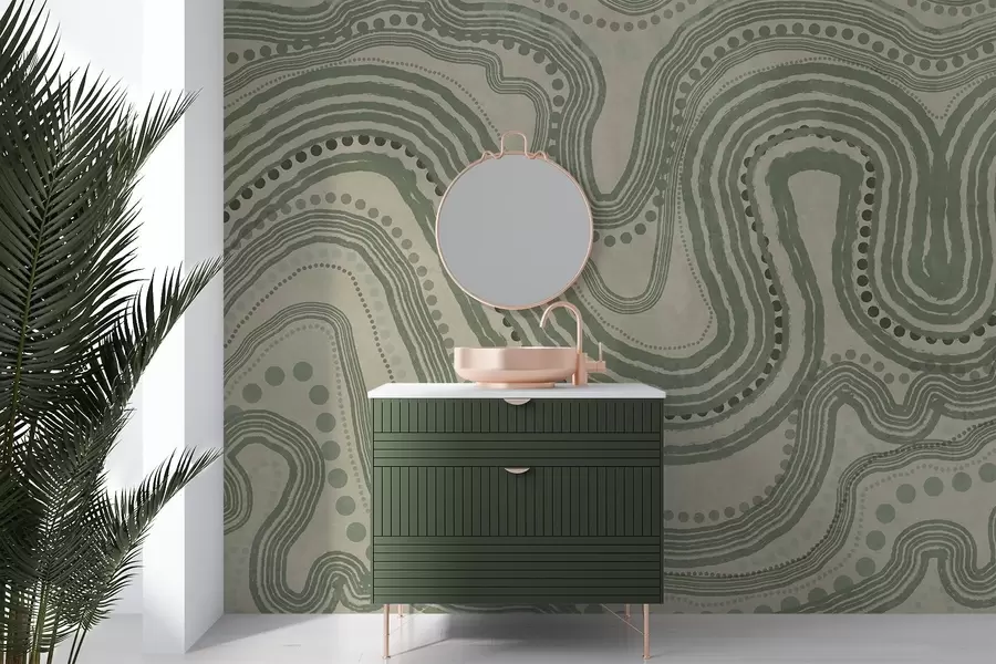 fototapet Linii și puncte ondulate abstracte verzi și bej, artă modernă texturată w09747