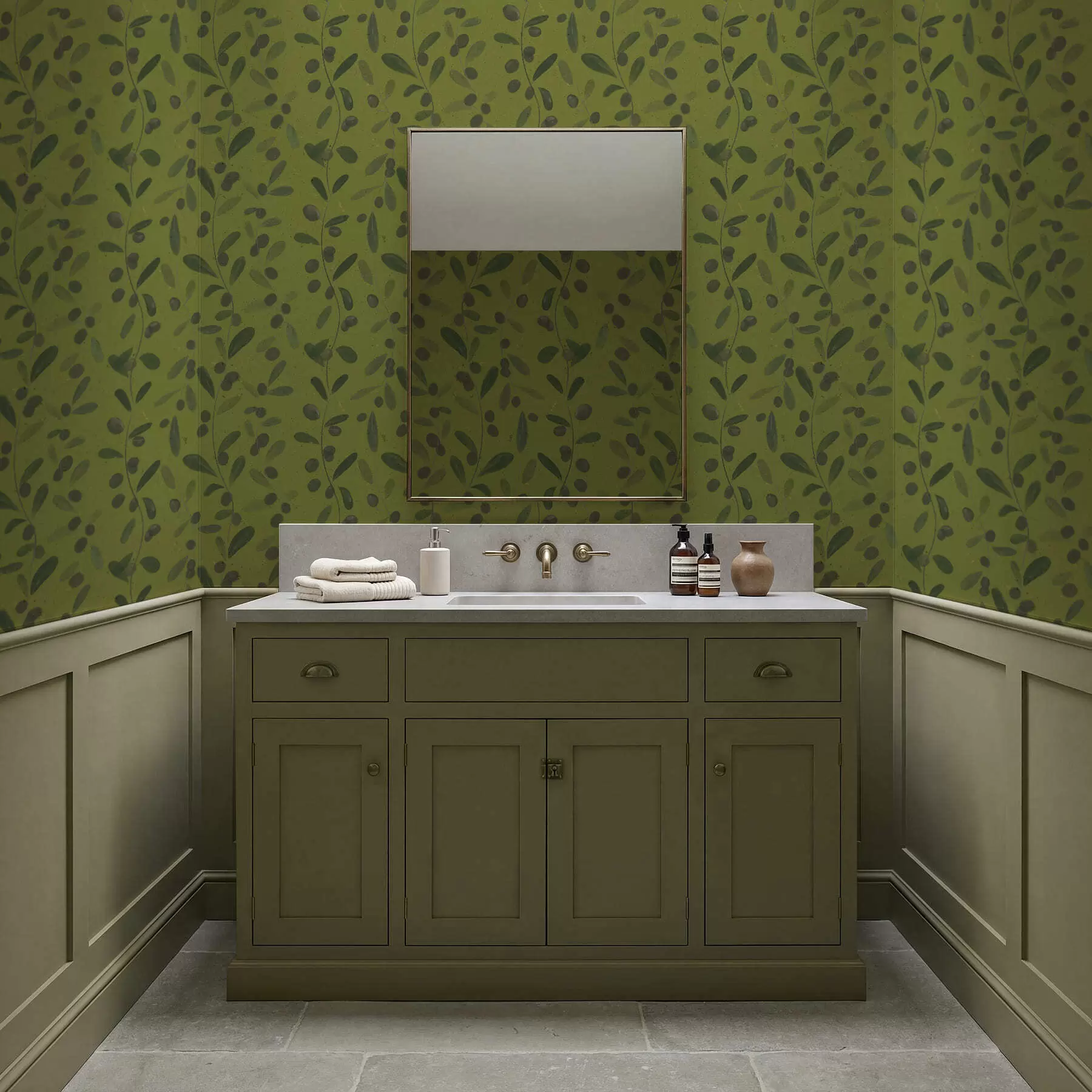 fototapet Ramuri verzi cu frunze și fructe de pădure pe măslin a01113