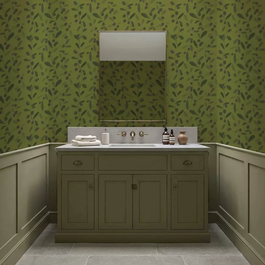 fototapet Ramuri verzi cu frunze și fructe de pădure pe măslin a01113