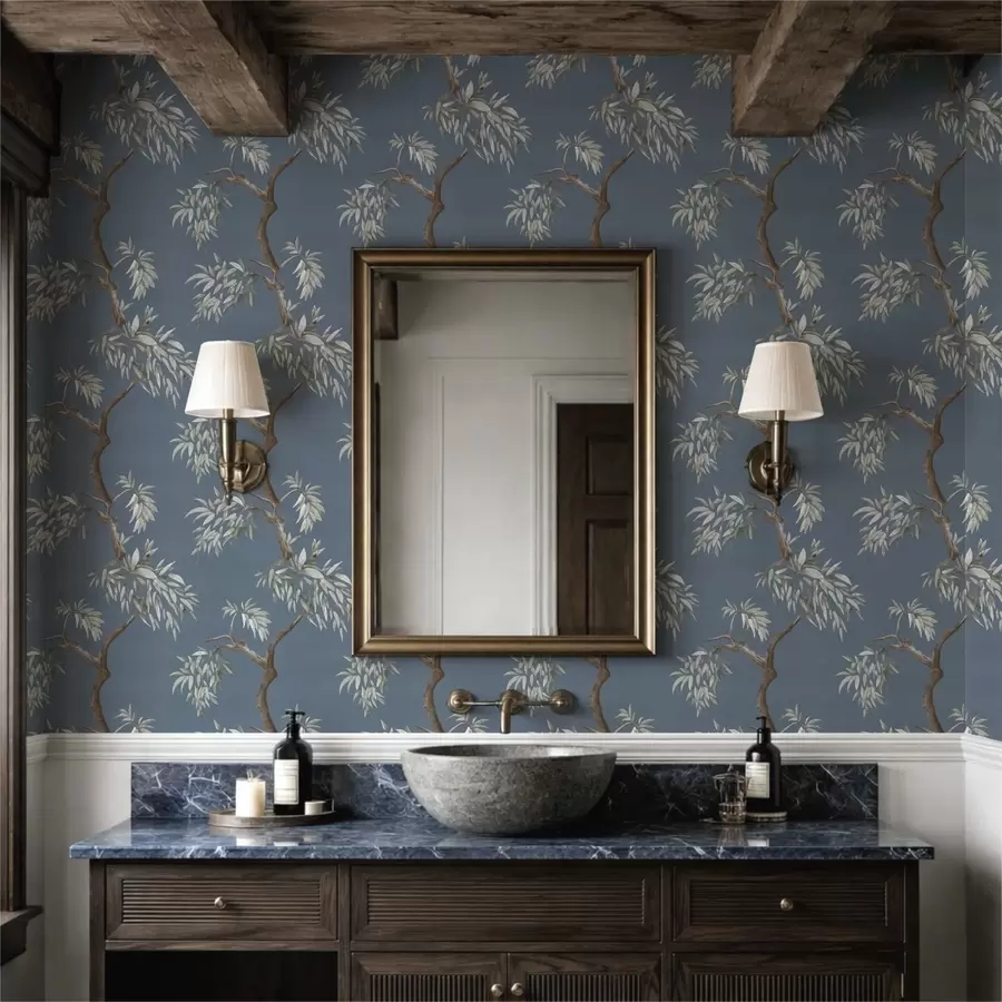 fototapet Ramură de copac cu frunze pe fundal albastru a01117