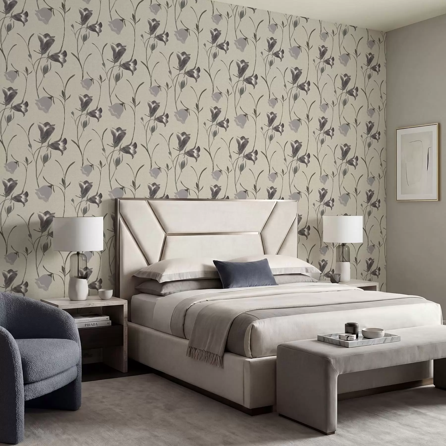 fototapet Flori gri în formă de clopoțel pe fond bej deschis a01119