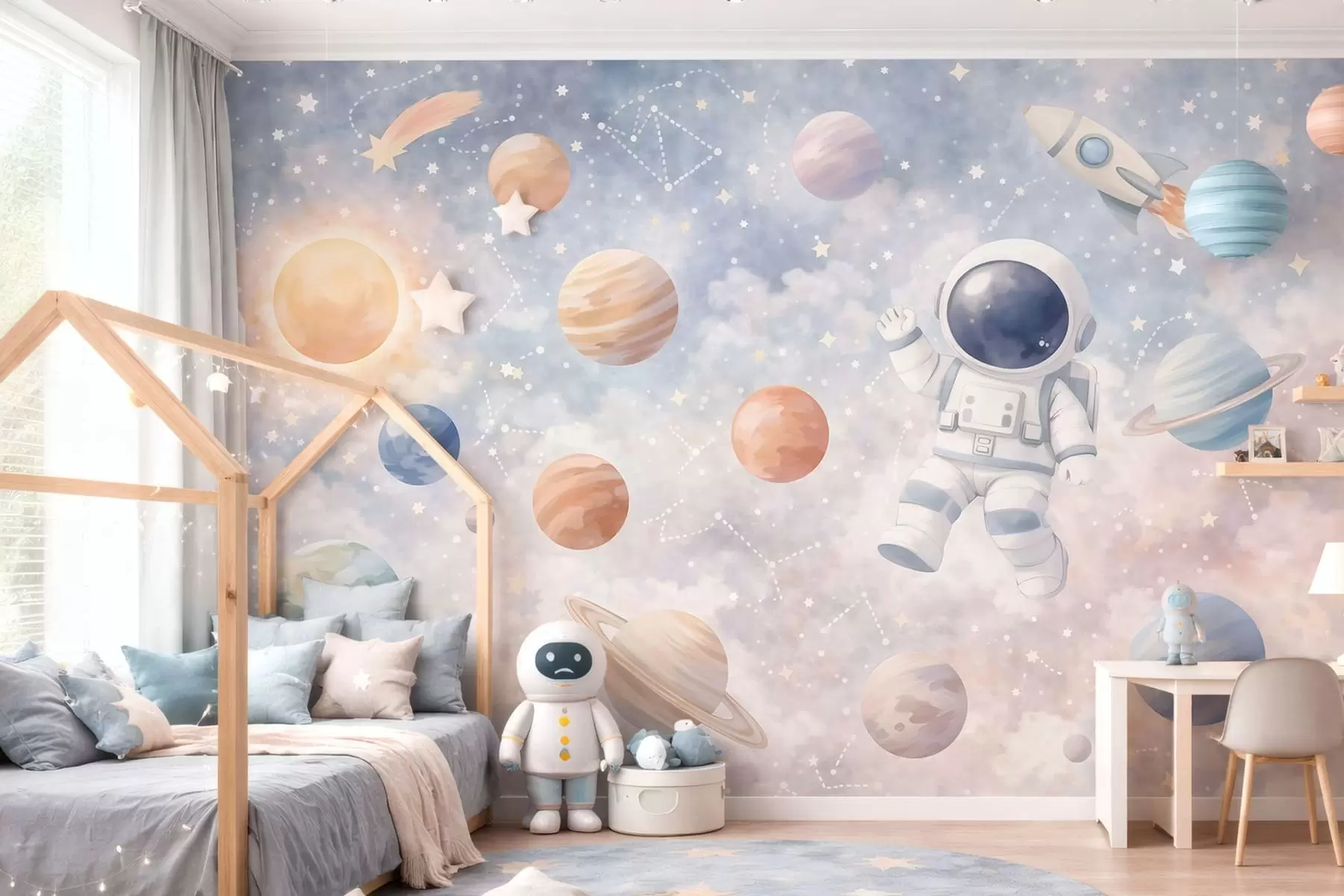 fototapet un mic astronaut printre planete și stele w05233