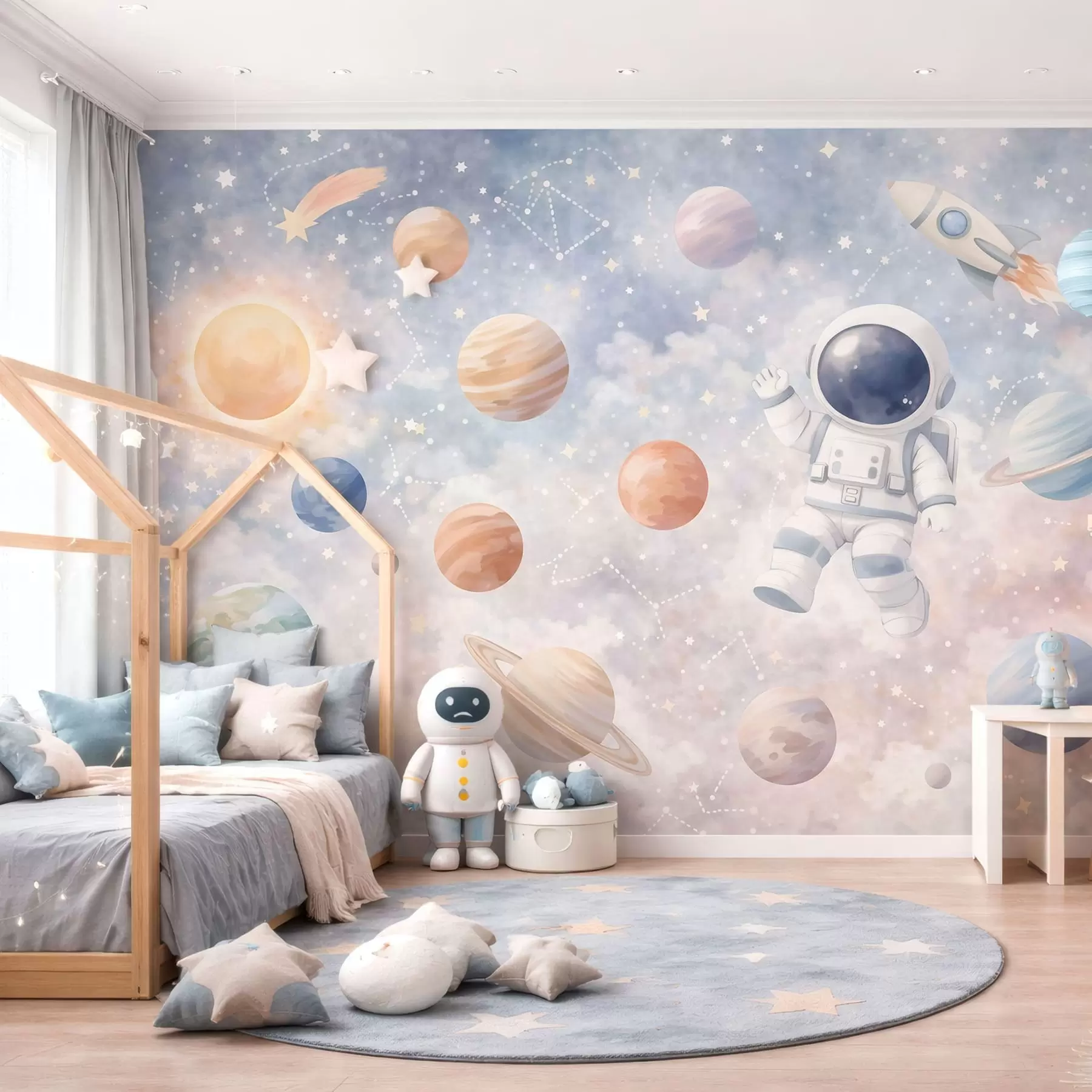 fototapet un mic astronaut printre planete și stele w05233