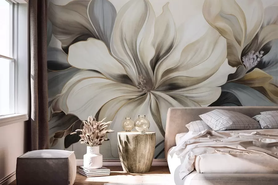 fototapet Flori mari, cremoase, de magnolie, cu frunze maro și gri, lumină difuză, fundal abstract w09749