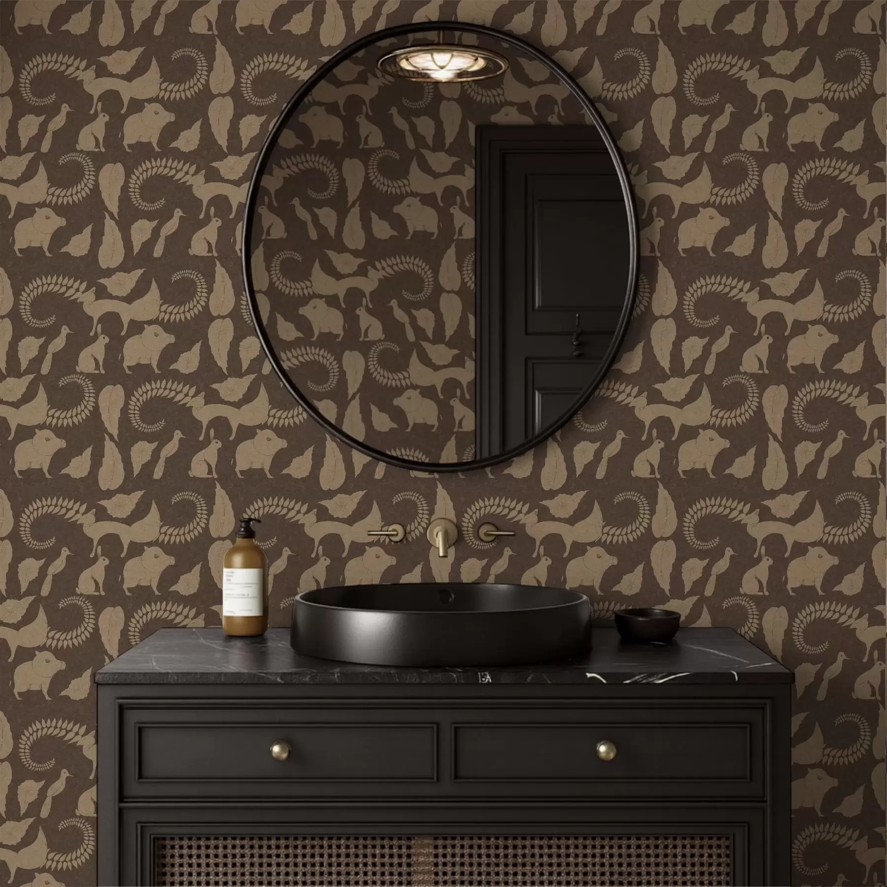 fototapet Model forestier cu animale pe fundal maro a01121