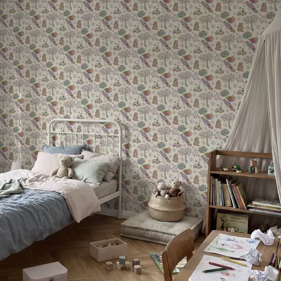 fototapet Model colorat pentru copii cu păsări și iepuri a01127