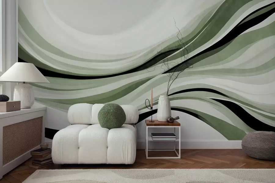 fototapet Linii abstracte ondulate în nuanțe de verde și negru pe un fundal deschis, artă texturată w09748v1