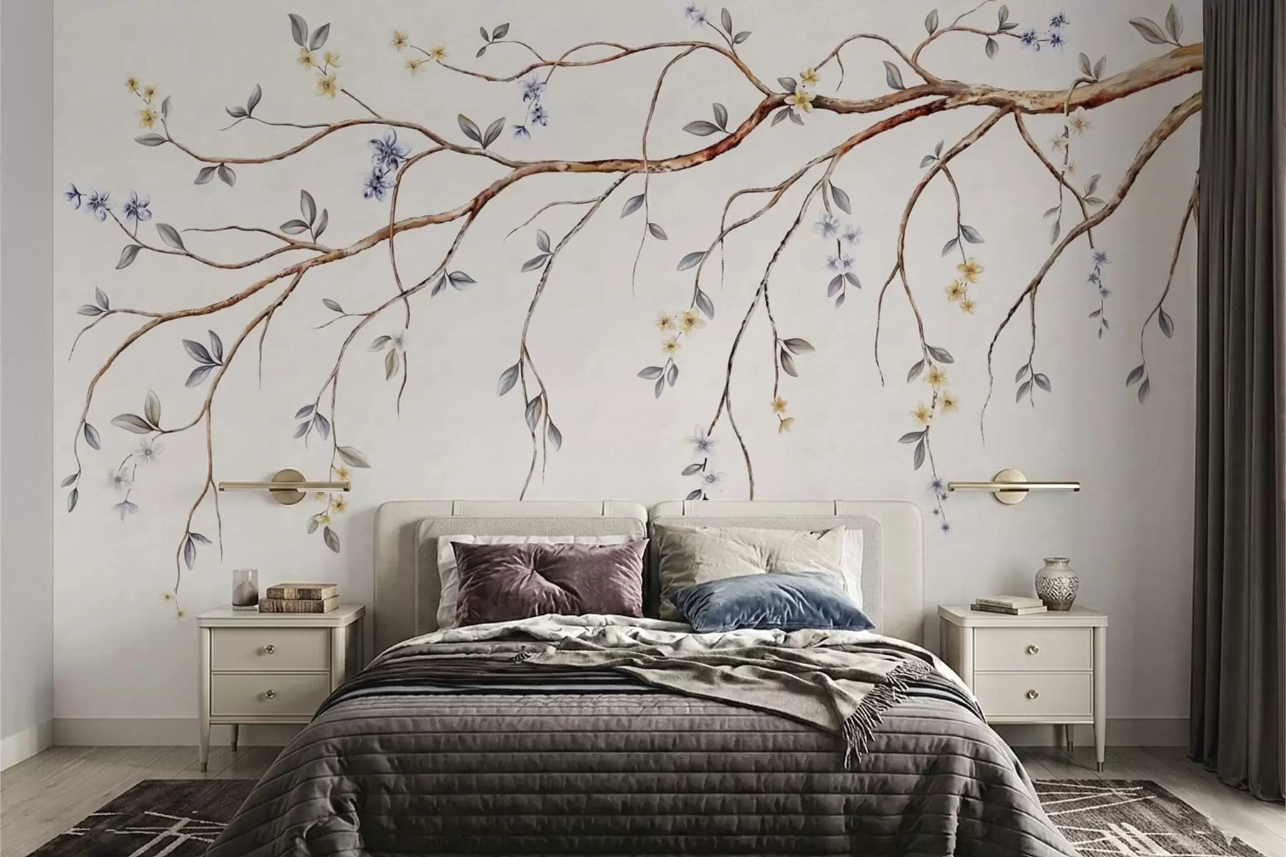 fototapet Ramuri subțiri cu flori mici pe fundal deschis w05145