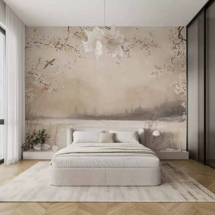 fototapet Ramuri delicate înflorite lângă lac, cu păsări în ceață ușoară w05155