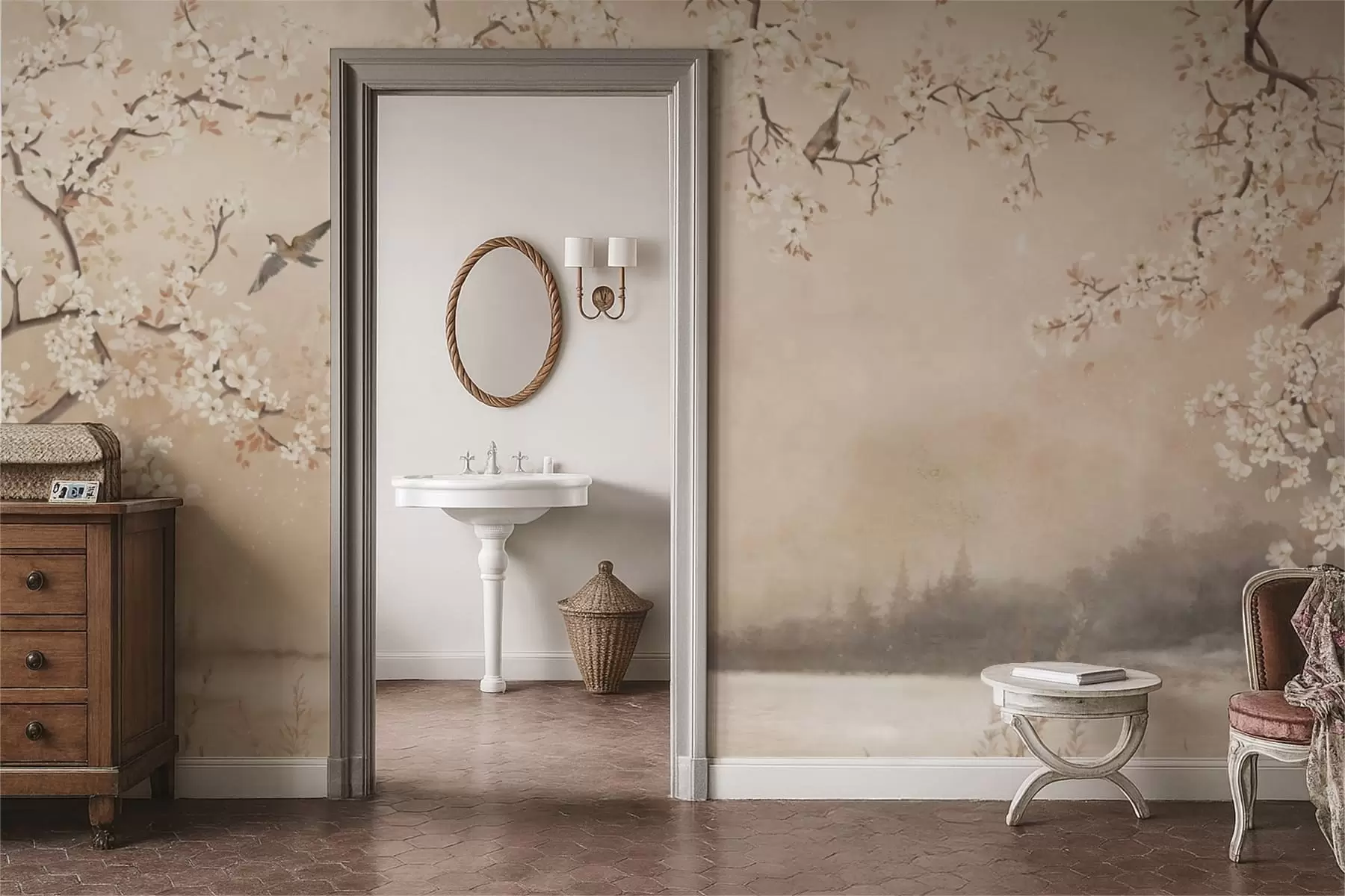 fototapet Ramuri delicate înflorite lângă lac, cu păsări în ceață ușoară w05155