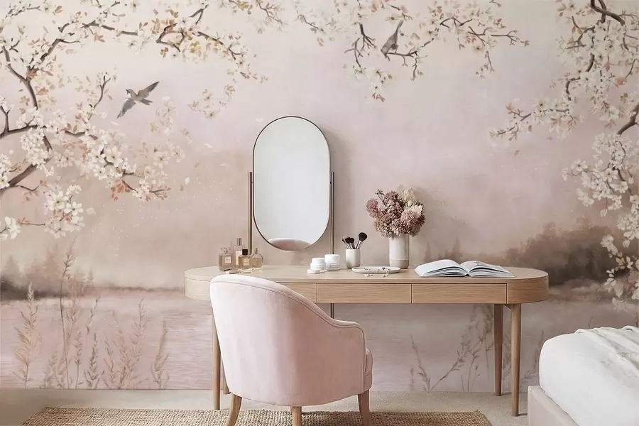 fototapet Ramuri înflorite deasupra unui lac liniștit, cu păsări în ceață w05155v1