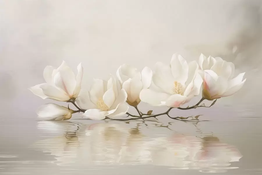 fototapet Flori de magnolie deschise pe o ramură deasupra reflexiei apei w05353
