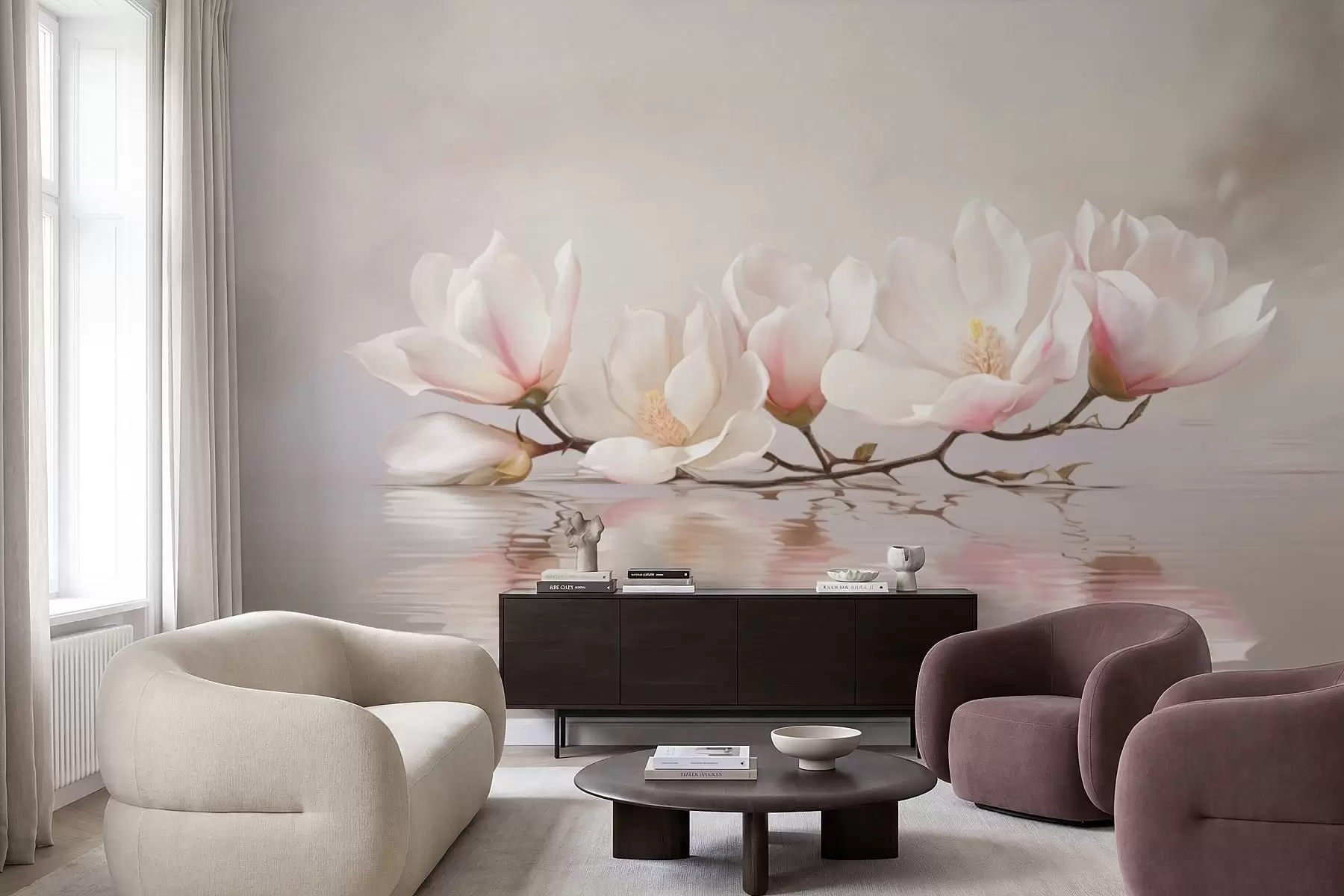 fototapet Ramură de magnolie cu flori deasupra reflexiei apei liniștite w05353v1
