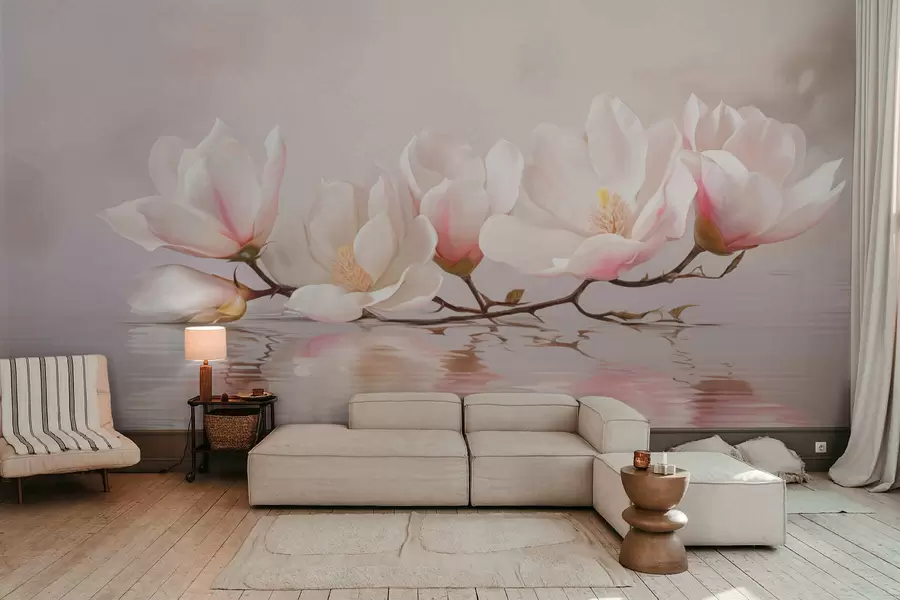 fototapet Ramură de magnolie cu flori deasupra reflexiei apei liniștite w05353v1