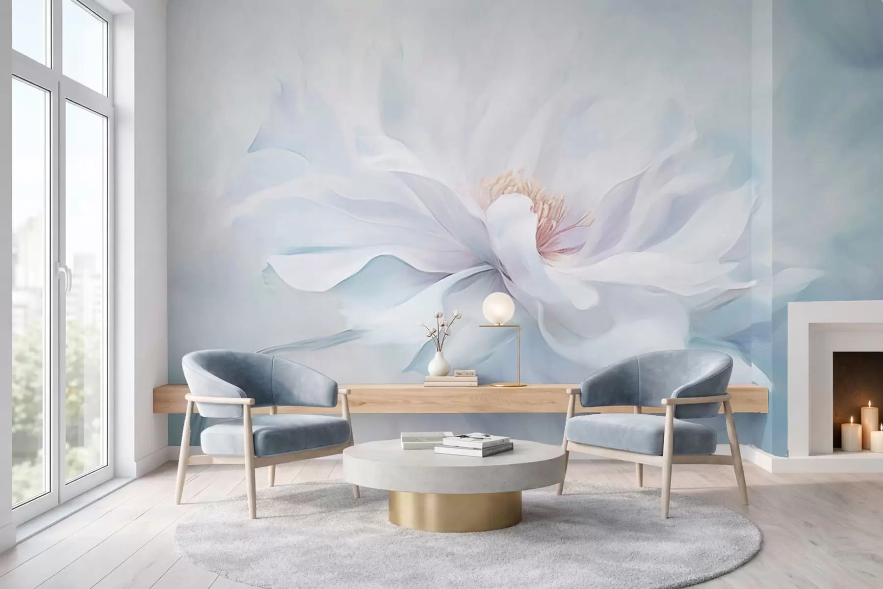 fototapet Floare albă delicată cu petale fluide pe fundal albastru w05354