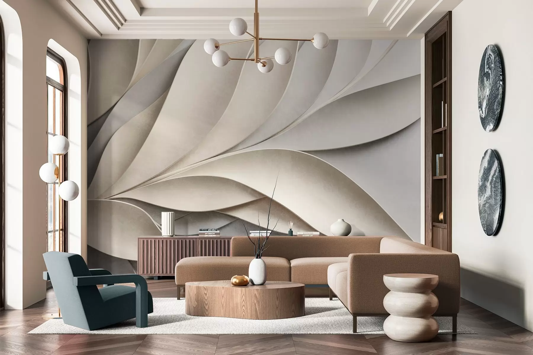 fototapet Frunze abstracte în bej și gri, artă modernă texturată w09769