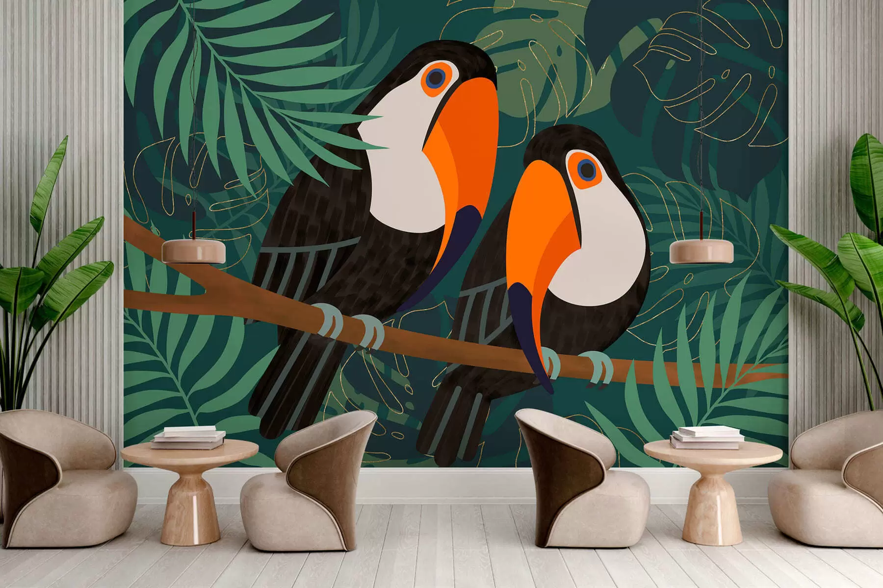 fototapet o pereche de tucani pe o ramură, în stil afro w05239