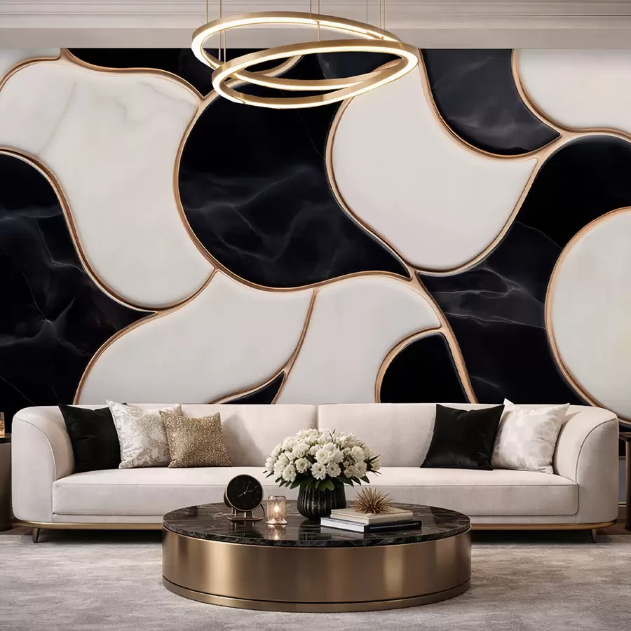 fototapet Imitare abstractă a unei compoziții din marmură în tonuri de alb și negru, cu linii galbene w09733