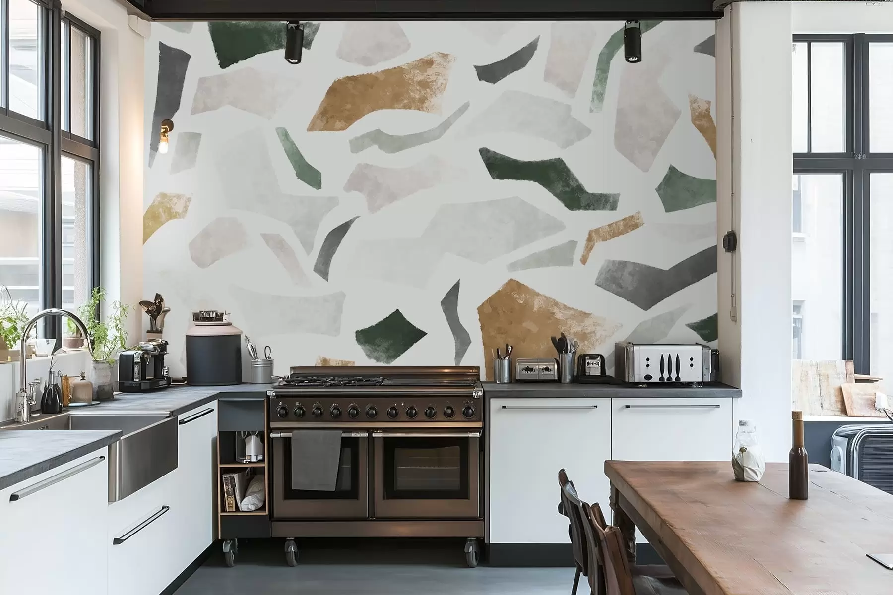 fototapet Fragmente abstracte cu textură, în nuanțe de verde și bej w05146