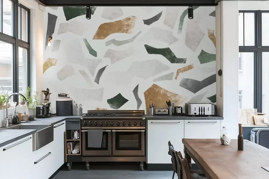 fototapet Fragmente abstracte cu textură, în nuanțe de verde și bej w05146