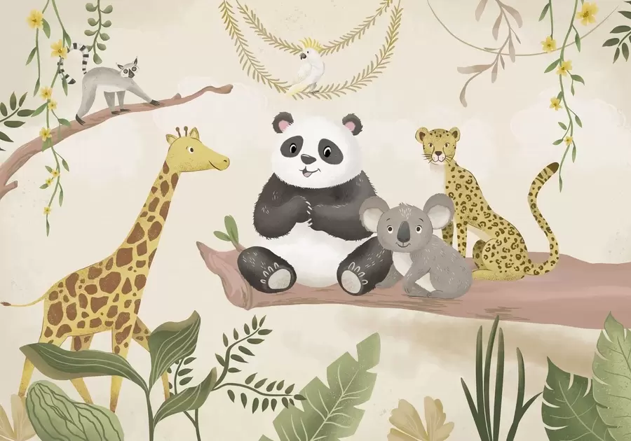 fototapet Animale drăguțe din junglă, așezate pe o creangă printre plante w05393