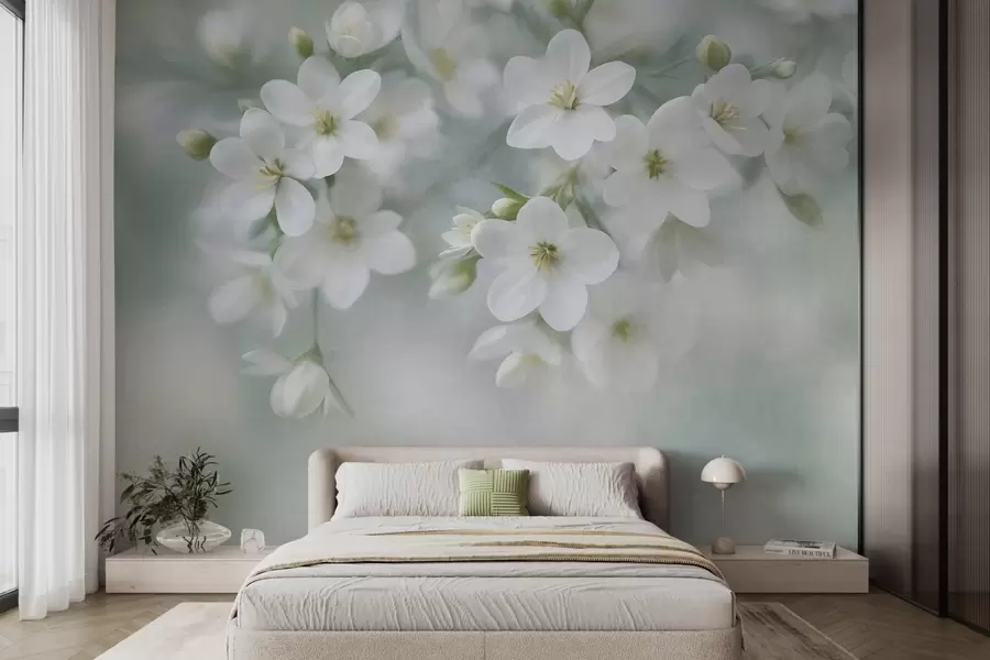 fototapet Flori albe cu textură delicată, estompate ușor în fundal w09759