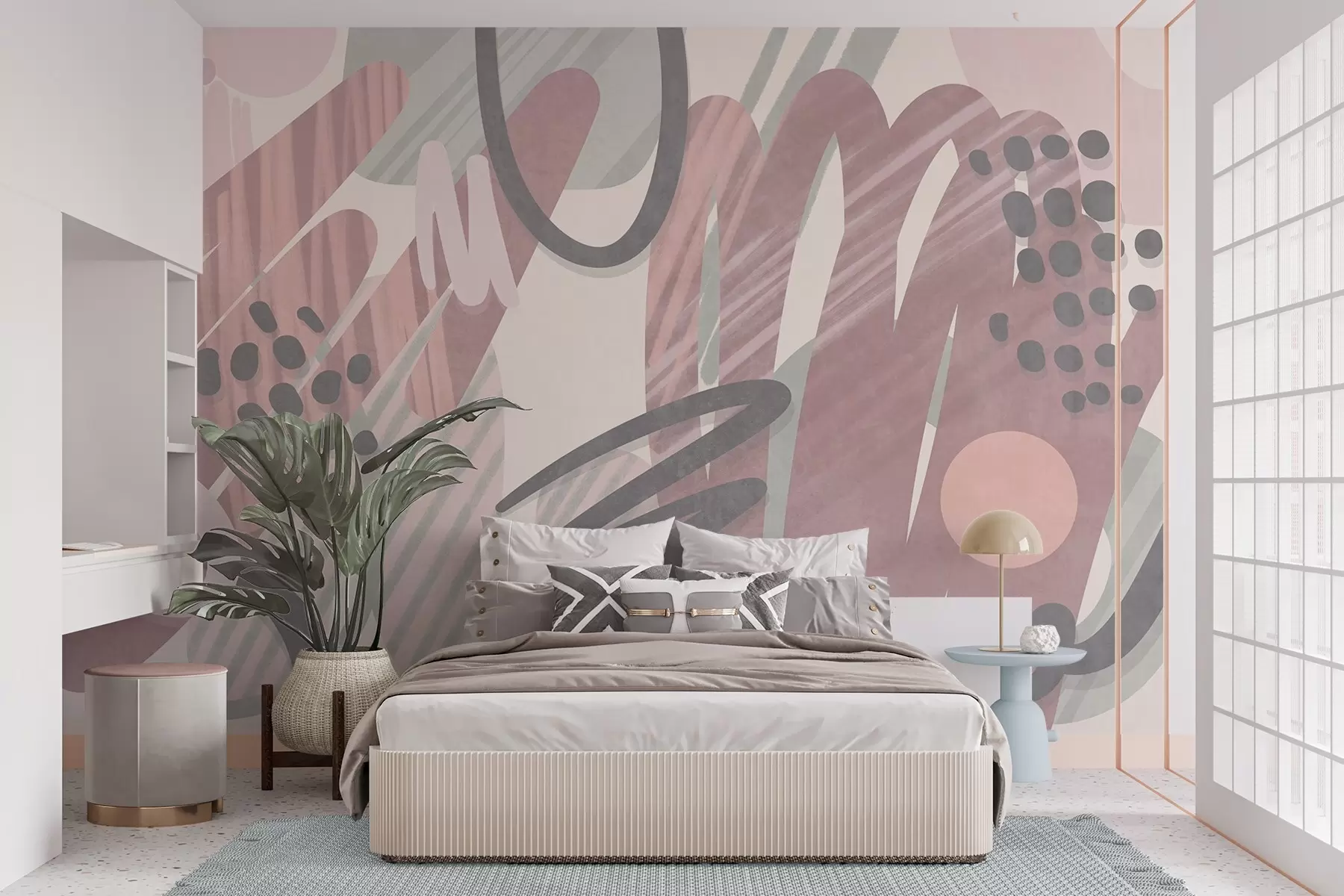 fototapet Imprimeu abstract cu textură, format din forme organice, mâzgălituri și puncte, în nuanțe pastelate discrete w09774v1