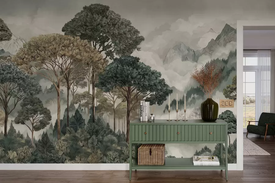 fototapet Peisaj montan cu pădure în nuanțe delicate w05410v1