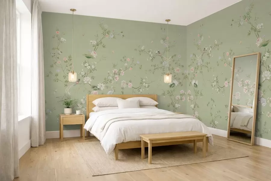 fototapet Ramuri înflorite cu păsări pe fond verde deschis w05416