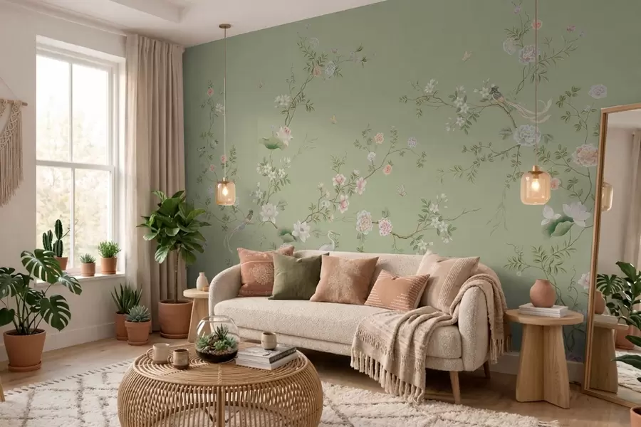 fototapet Ramuri înflorite cu păsări pe fond verde deschis w05416