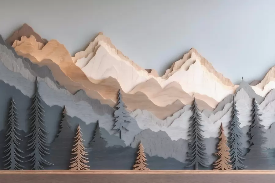 fototapet Peisaj natural cu pini și munți, realizat în stilul sculpturii în lemn w09793