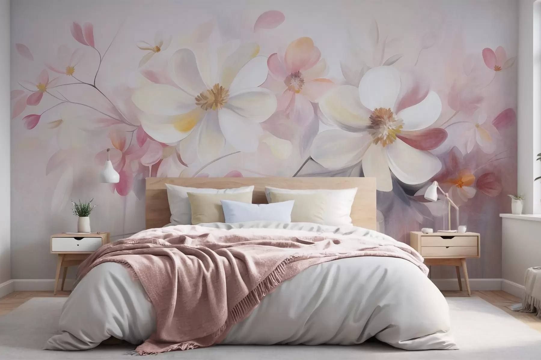 fototapet Flori albe și roz cu petale delicate, texturate, pe un fundal abstract și delicat w09811
