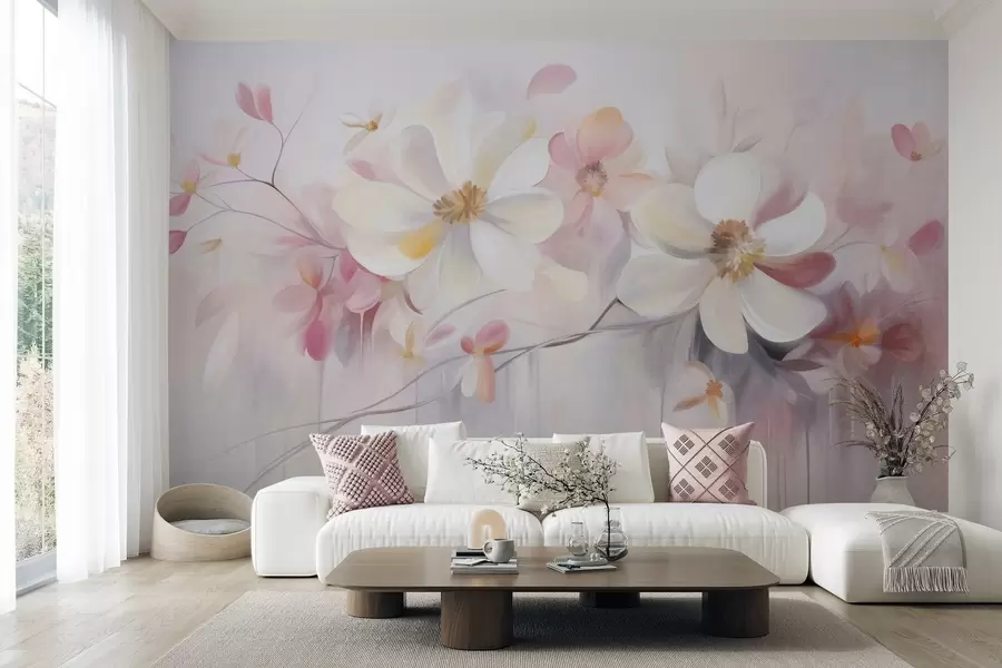fototapet Flori albe și roz cu petale delicate, texturate, pe un fundal abstract și delicat w09811