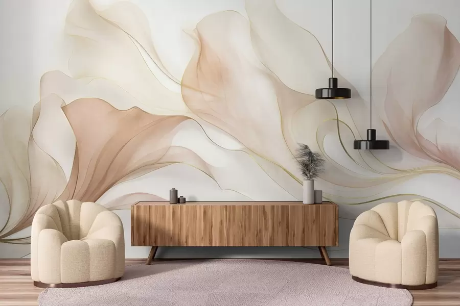 fototapet Textură abstractă, fluidă, în nuanțe de piersică și crem, cu linii delicate w09815