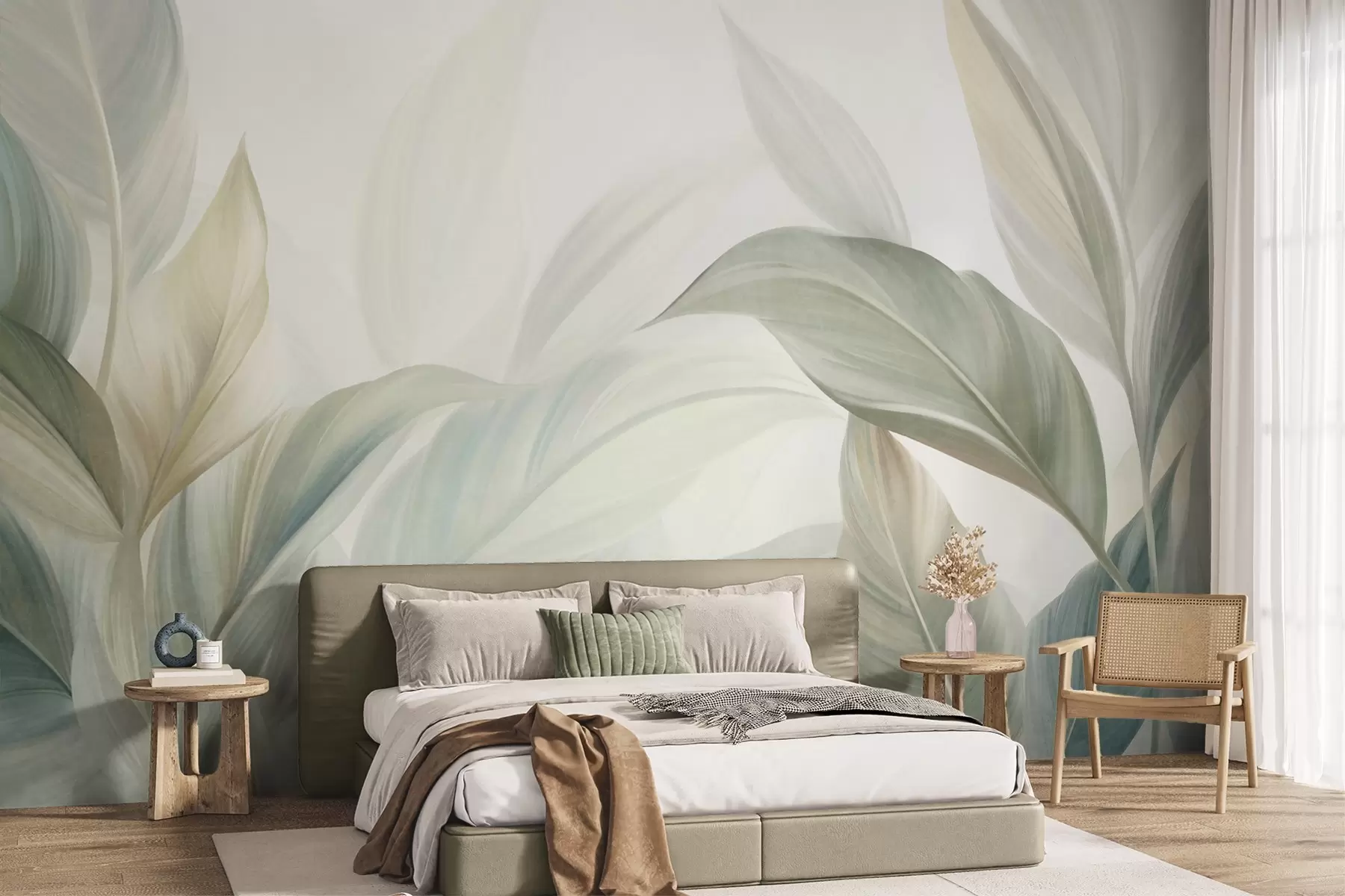 fototapet Frunze tropicale mari, de un verde pal, cu nuanțe delicate, pastelate, și texturi artistice w09816