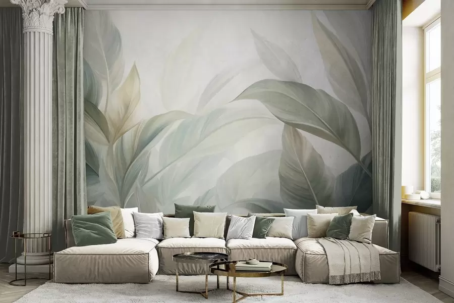 fototapet Frunze tropicale mari, de un verde pal, cu nuanțe delicate, pastelate, și texturi artistice w09816
