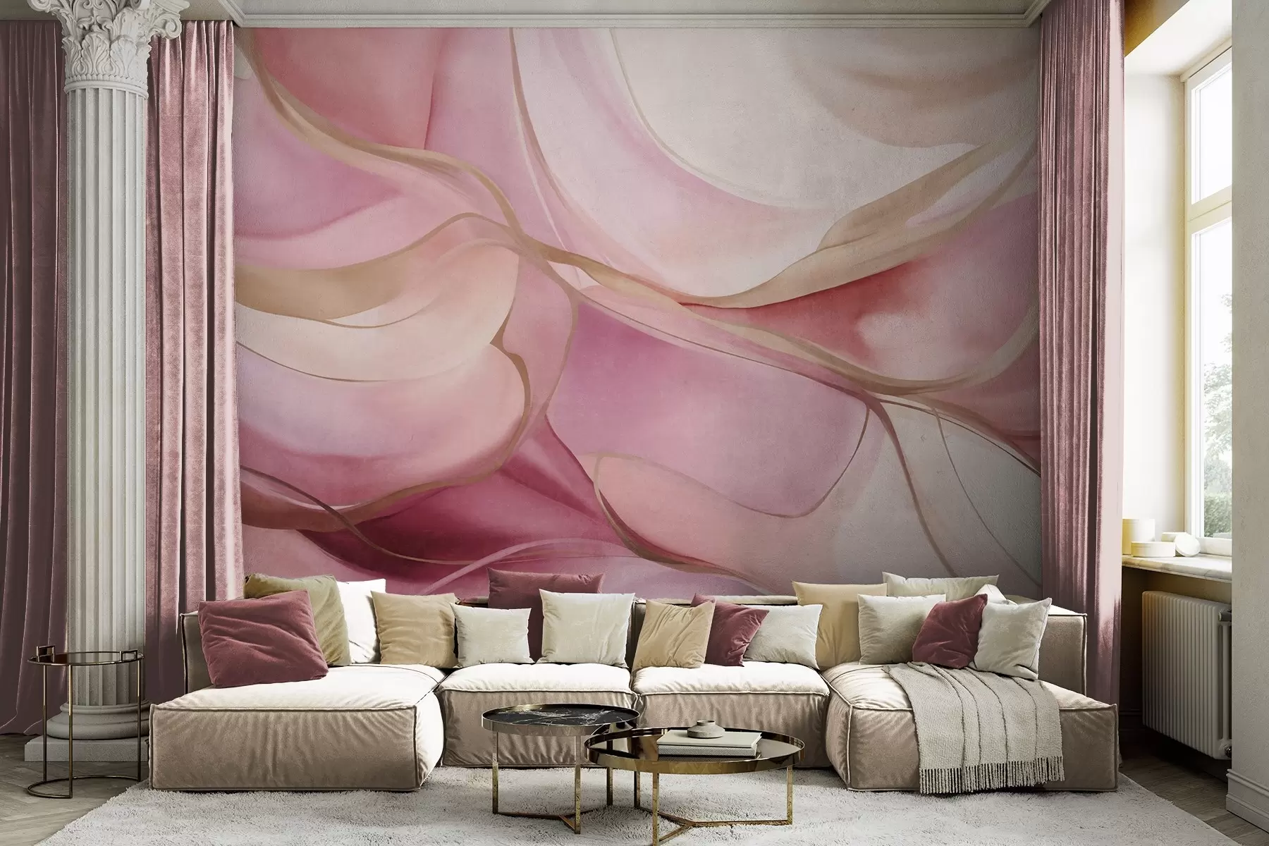 fototapet Forme fluide, abstracte și texturate, în nuanțe de roz și bej, cu linii delicate de culoare galbenă w09818