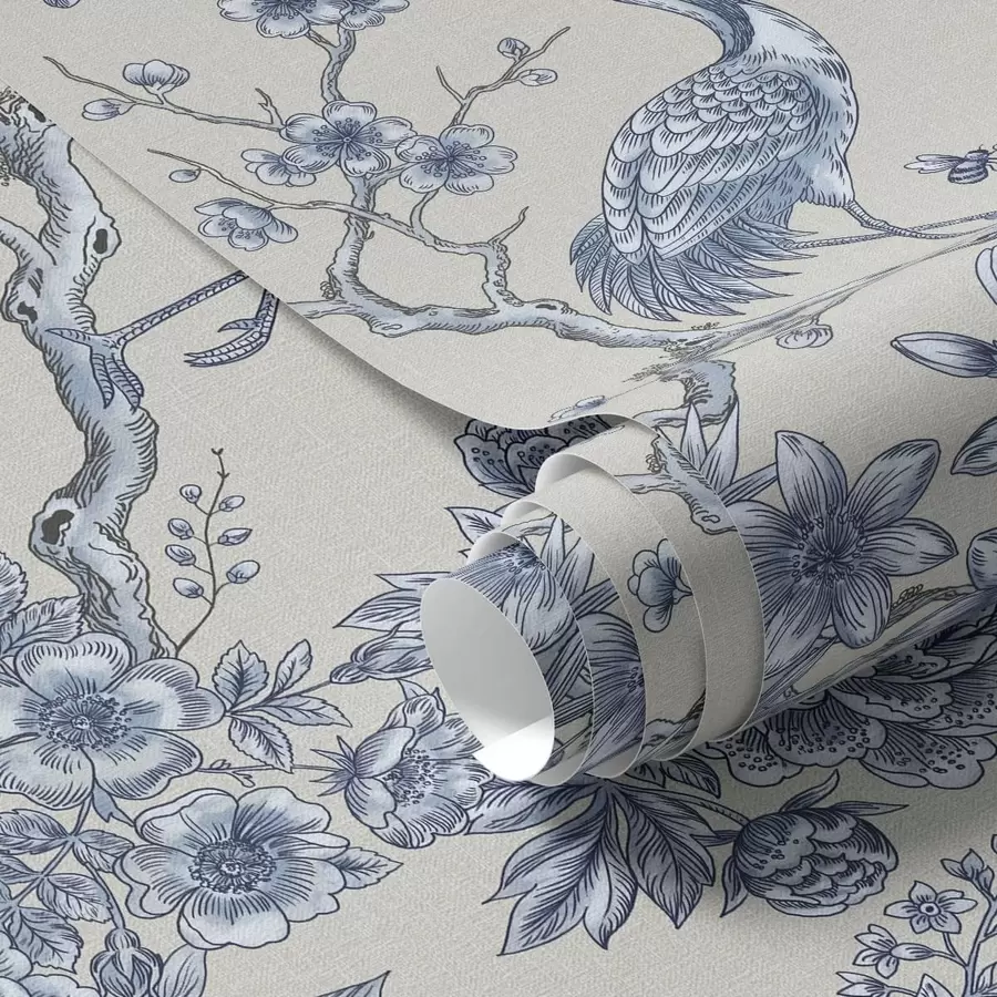fototapet Ornament floral albastru cu pasăre și ramuri a01132