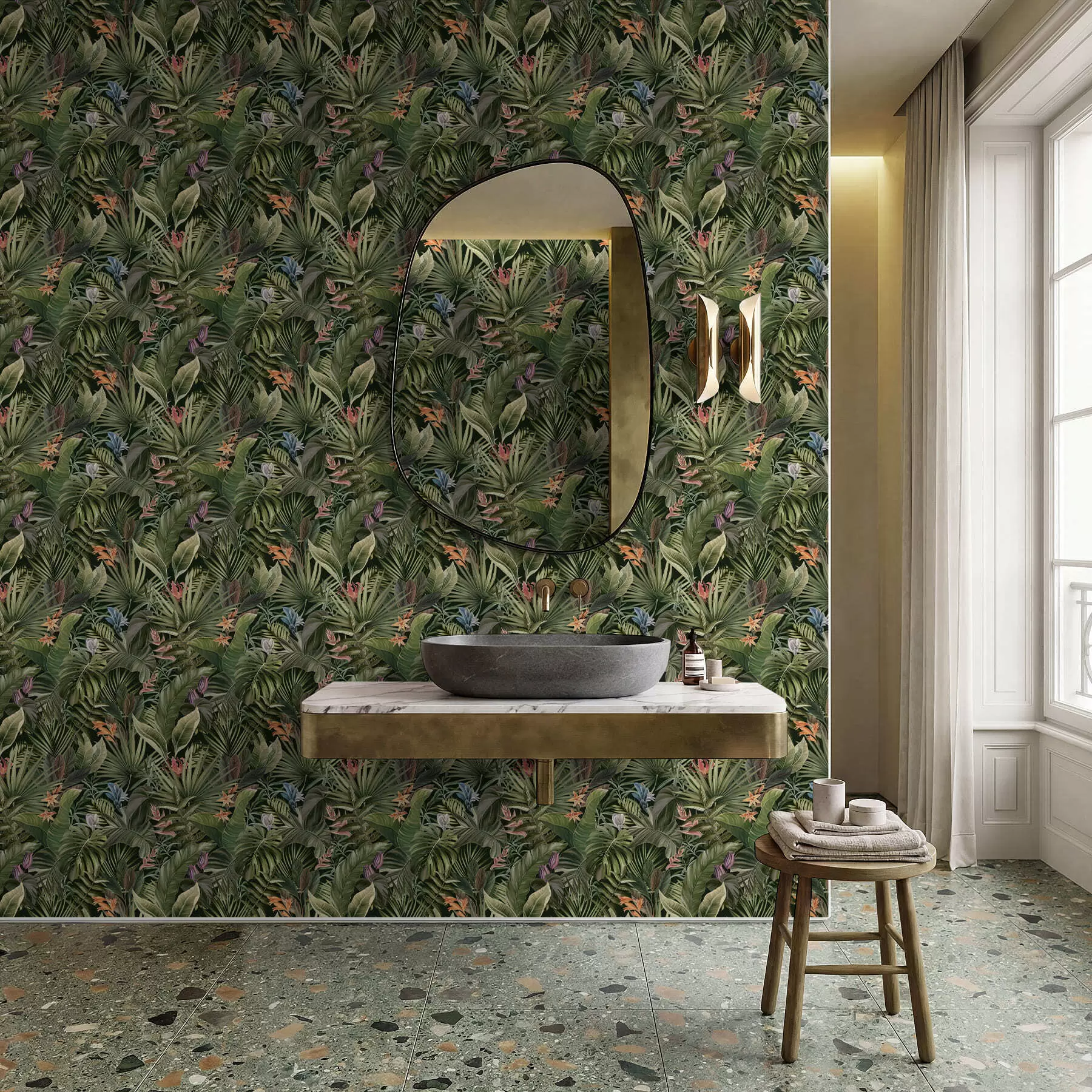 fototapet Frunze tropicale cu flori pe fundal întunecat a01153