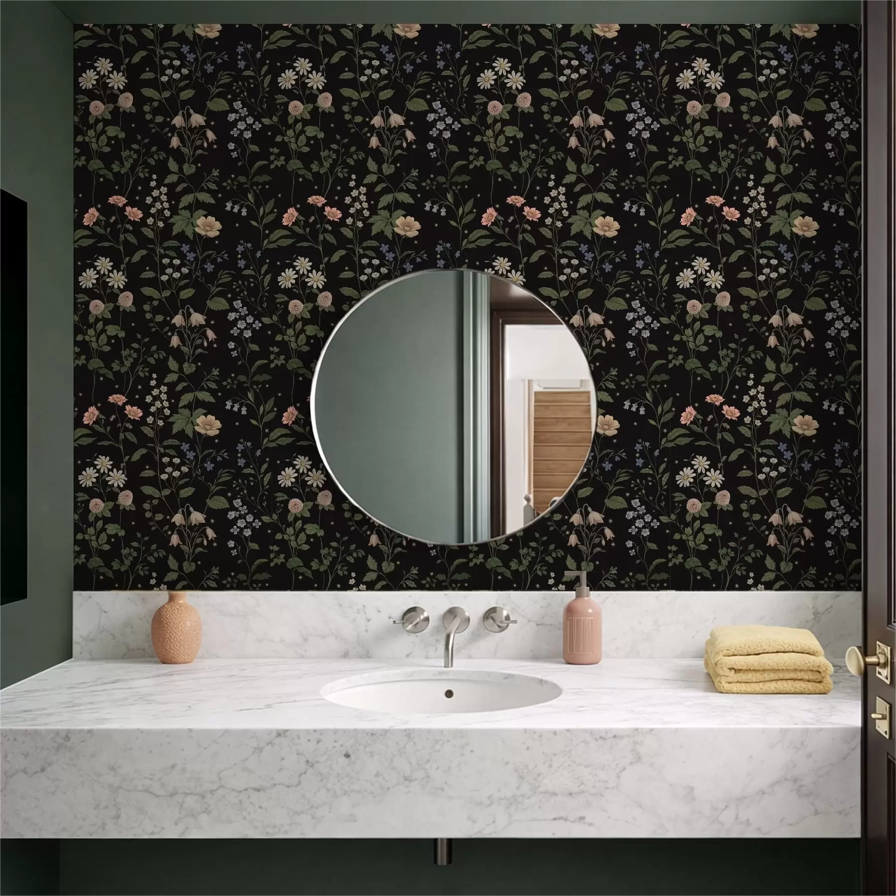 fototapet Motiv floral pe fond negru cu stele a01160