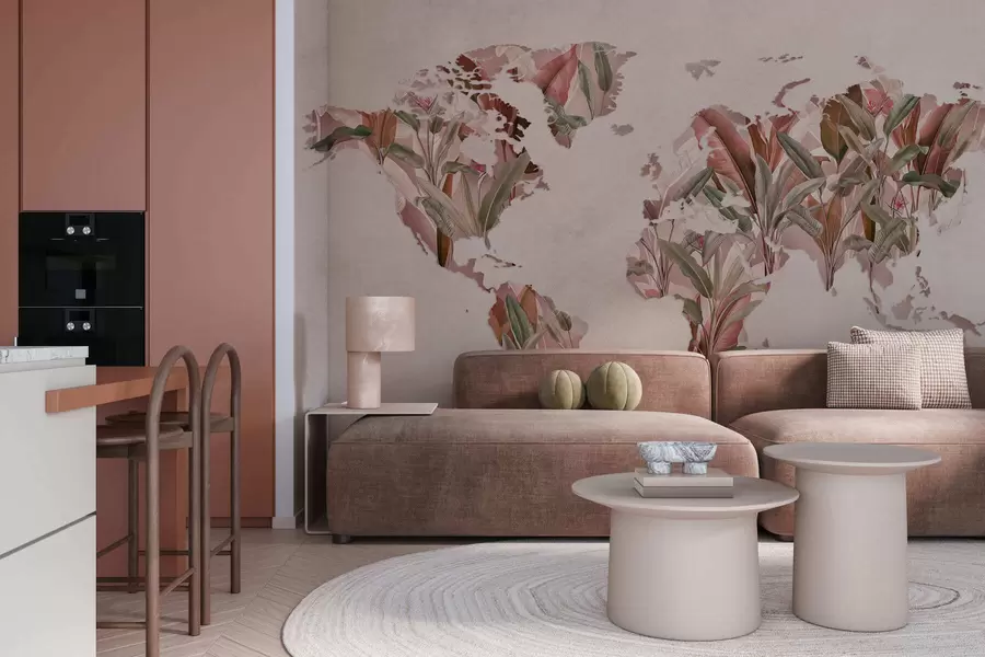 fototapet O hartă roz a lumii realizată din frunze de bananier c00007v2