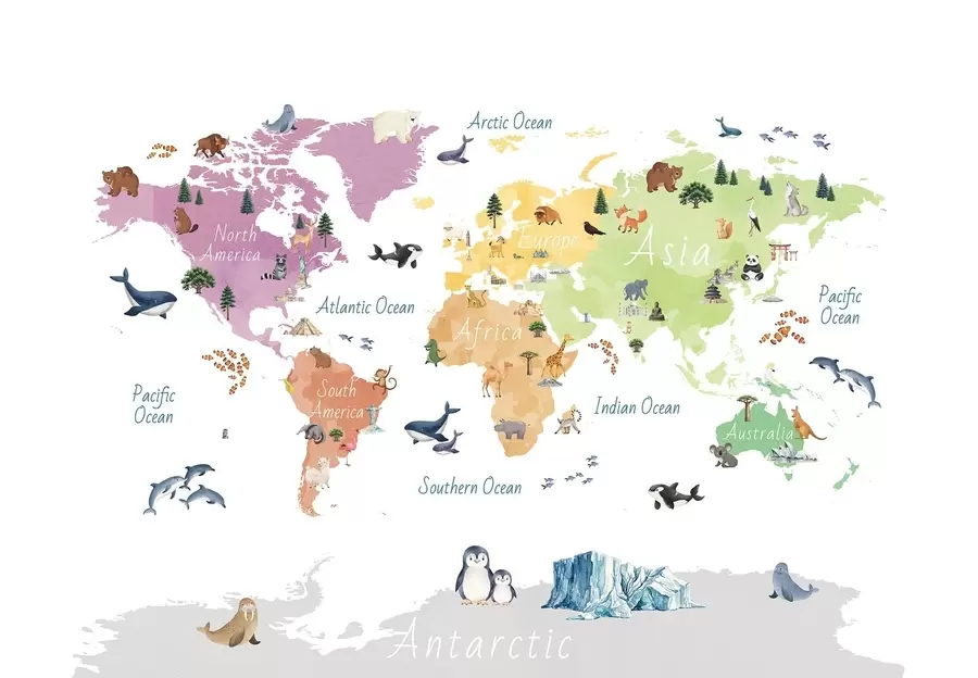 fototapet O hartă colorată în stil acuarelă, care prezintă animale, plante și elemente arhitecturale. Etichete în limba engleză c00009en