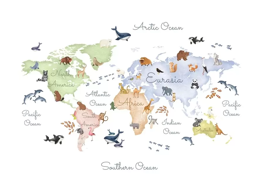 fototapet O hartă colorată în stil acuarelă, cu animale. Denumiri în limba engleză c00012en
