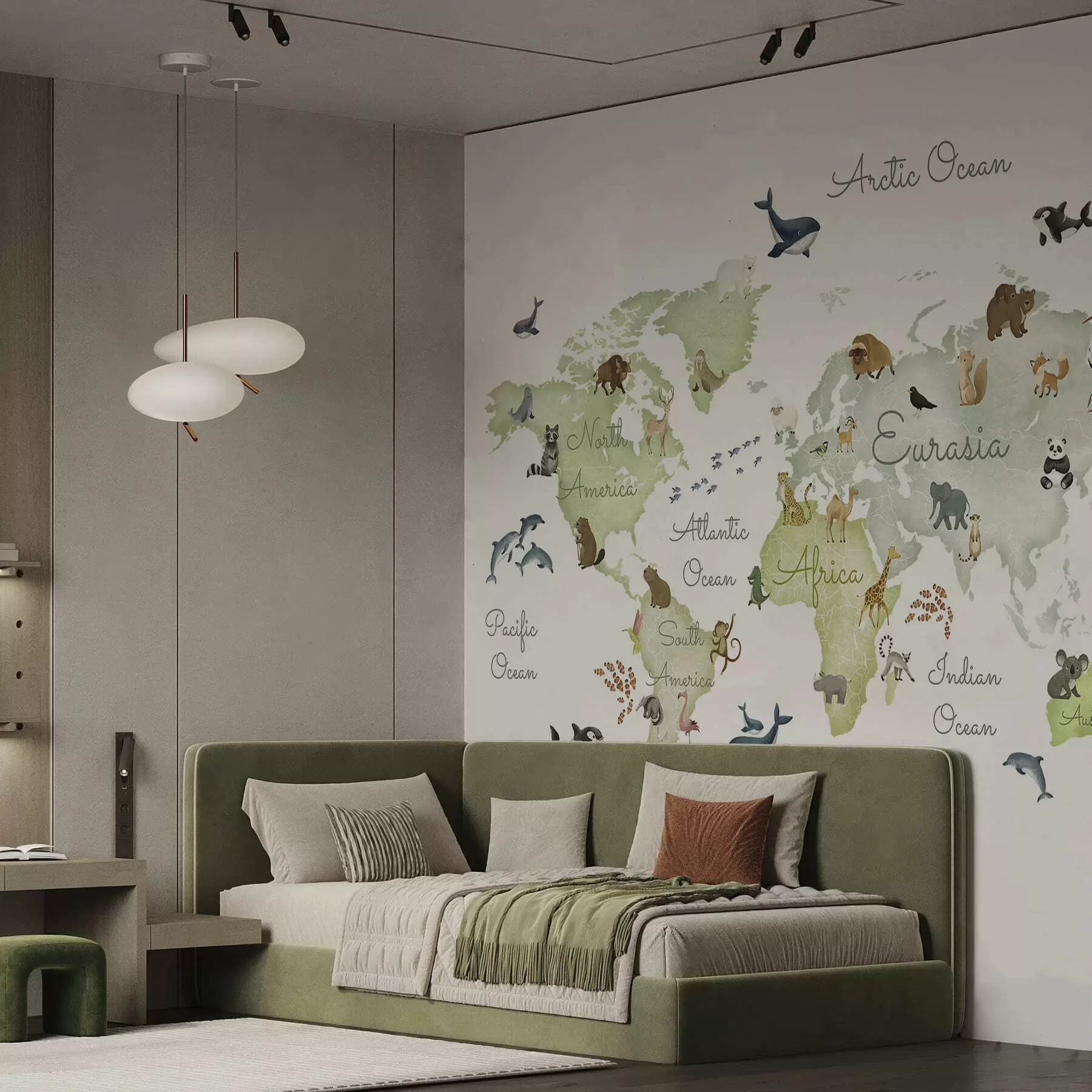 fototapet O hartă verde în stil acuarelă, cu animale. Etichete în limba engleză c00012env2