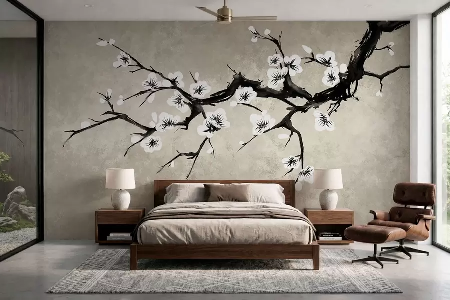 fototapet Ramură cu flori albe, în stil minimalist w05425