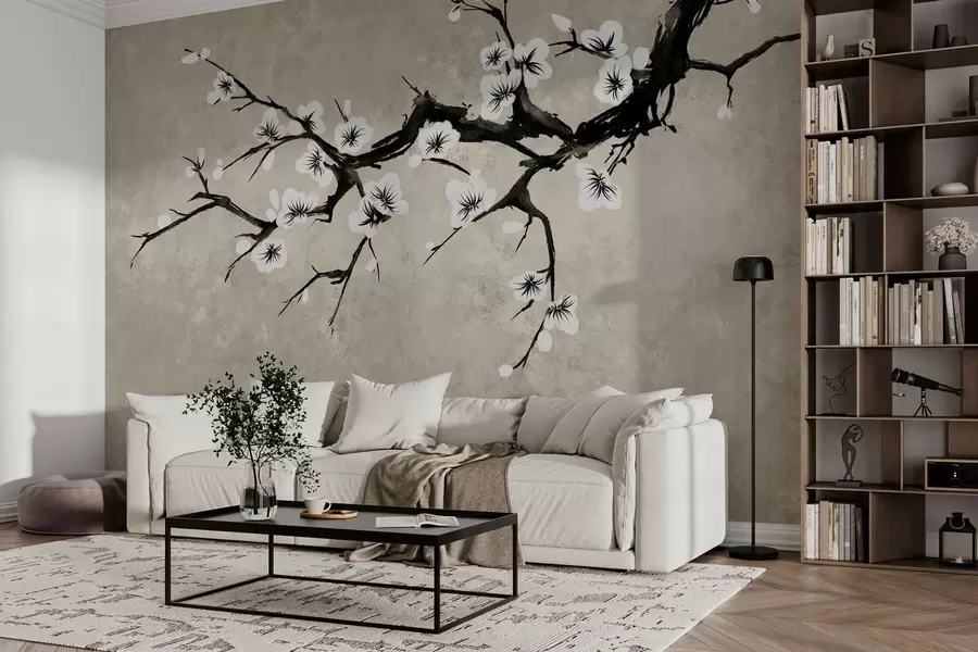 fototapet Ramură cu flori albe, în stil minimalist w05425